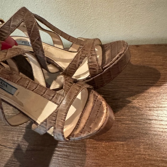 Prada Platform Sandals Brown Croc-Embossed Leather Slingback Heels - Picture 10 of 14